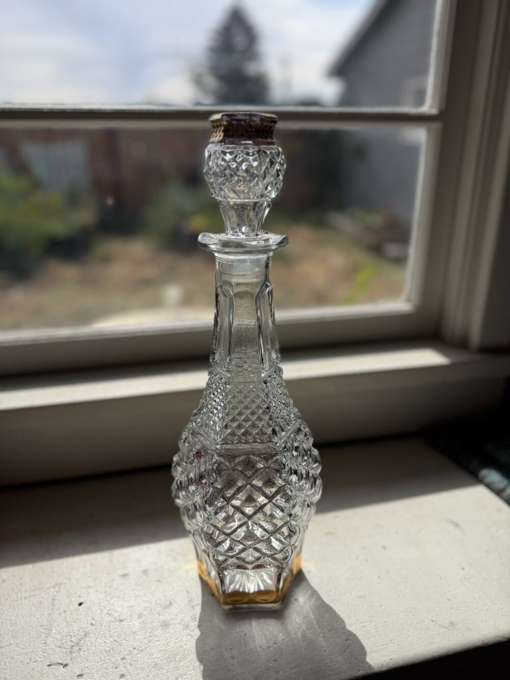 Cut Glass Bottle with Stopper & Gold Accents